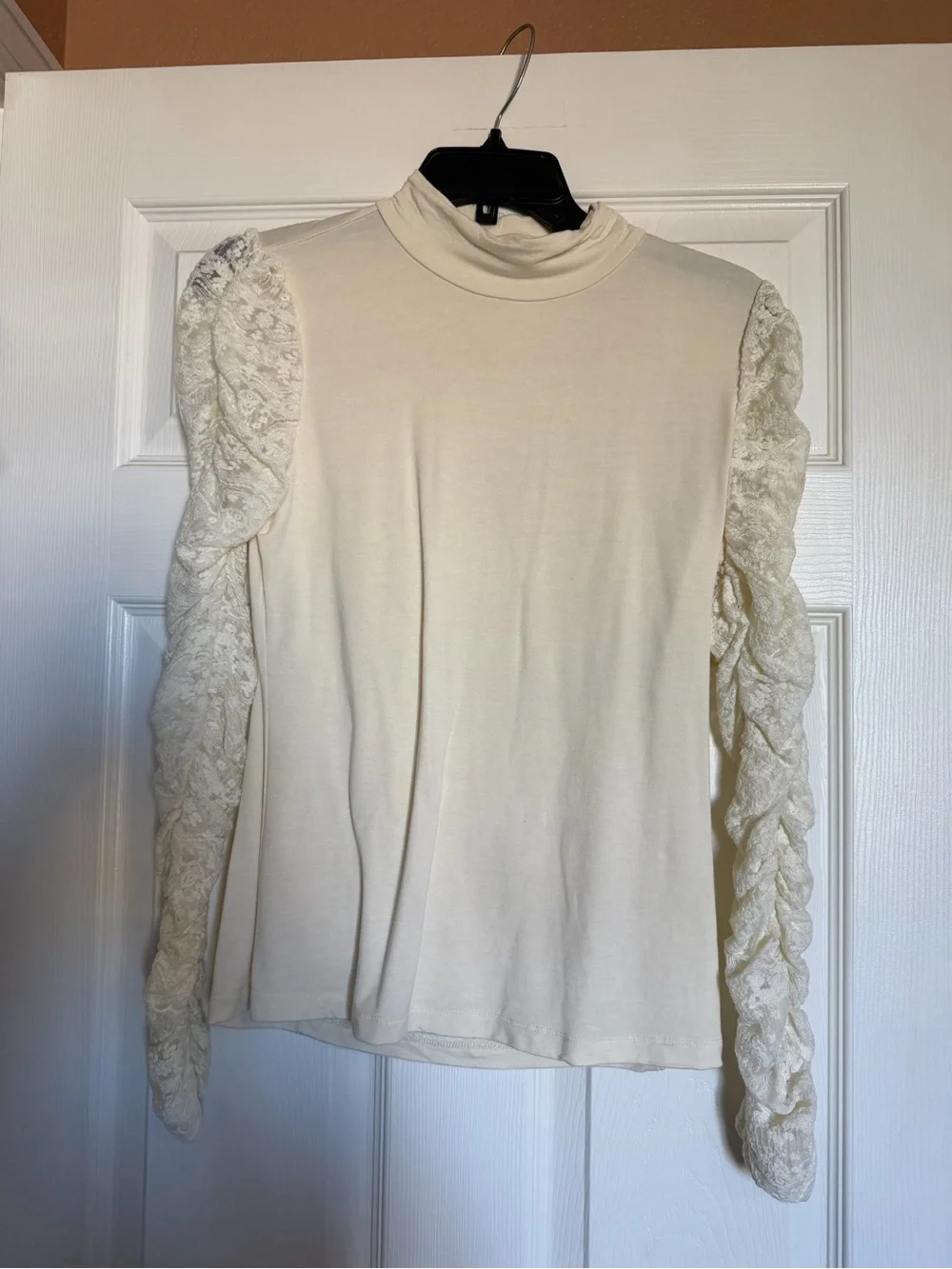 Anthropologie Cream Lace-Sleeve Mock Neck Top